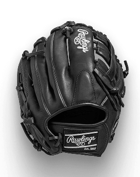 Black Rawlings baseball glove with Rawlings and EST. 1887 visible.